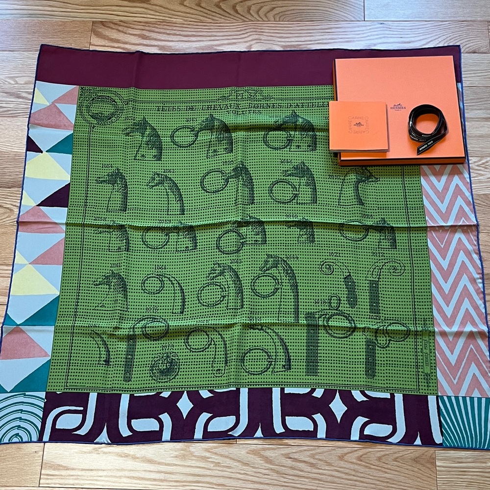 Final Price- No Offers!
Hermès Green, Burgundy & Gray Silk Scarf